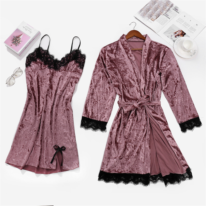 Simple Style Solid Color Velvet Polyester Lace Skirt Sets Pajamas display picture 4