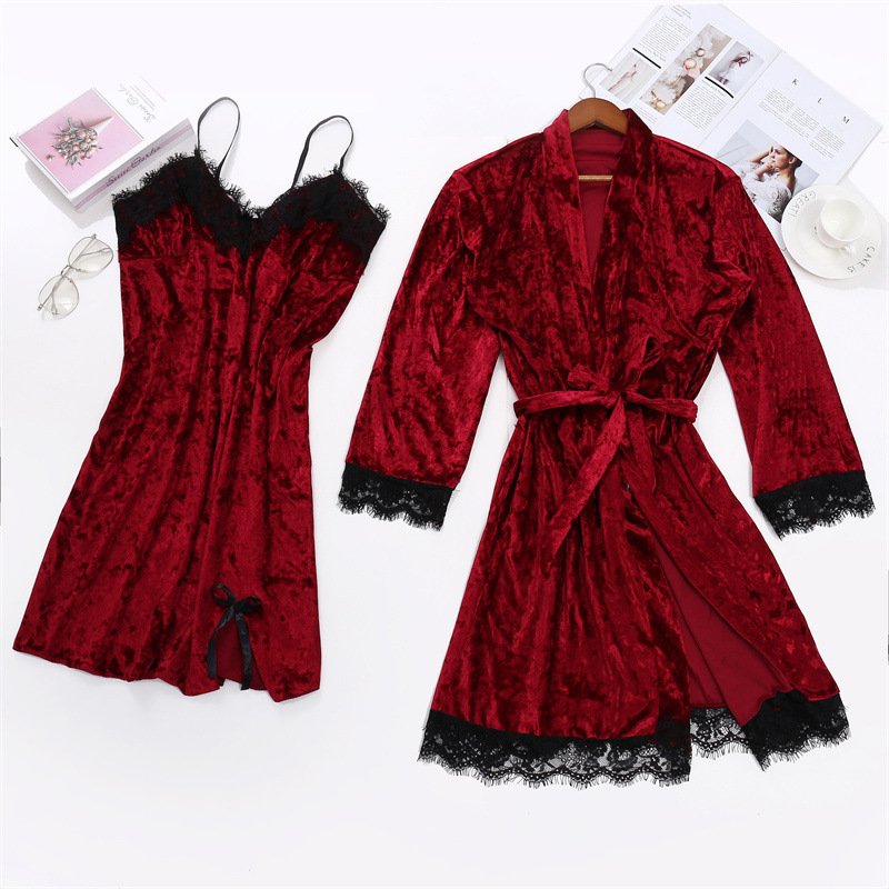 Simple Style Solid Color Velvet Polyester Lace Skirt Sets Pajamas display picture 3