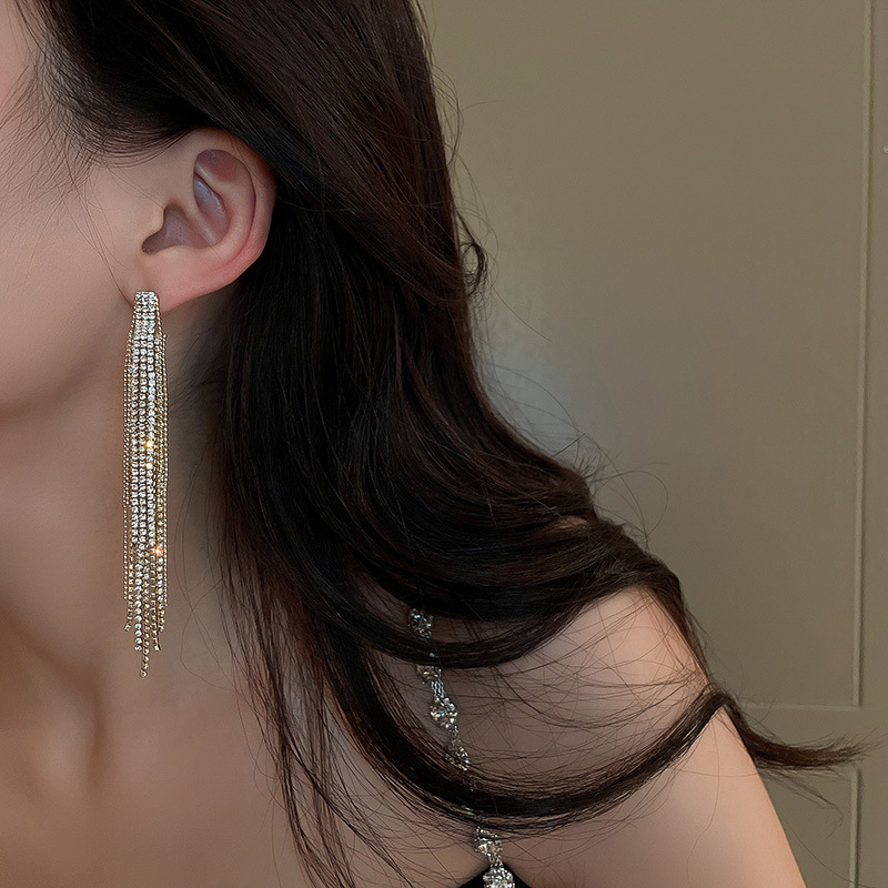 1 Pair Fashion Tassel Inlay Copper Rhinestones Drop Earrings display picture 2