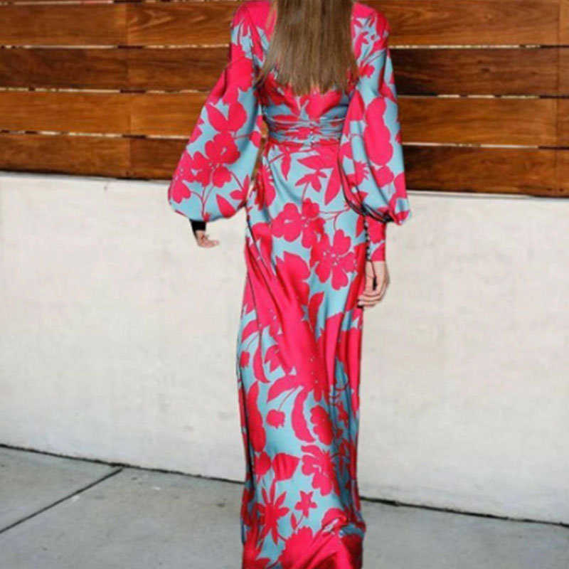 Fashion Floral V Neck Long Sleeve Polyester Dresses Maxi Long Dress Swing Dress display picture 5
