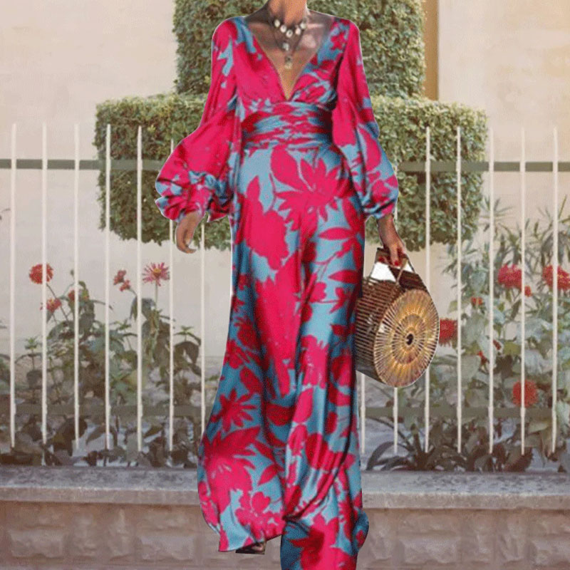 Fashion Floral V Neck Long Sleeve Polyester Dresses Maxi Long Dress Swing Dress display picture 4
