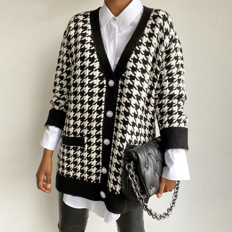 Women's Knitwear Long Sleeve Sweaters & Cardigans Button Fashion Houndstooth display picture 5