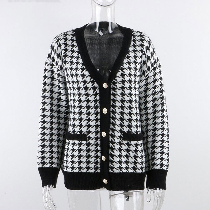 Women's Knitwear Long Sleeve Sweaters & Cardigans Button Fashion Houndstooth display picture 6