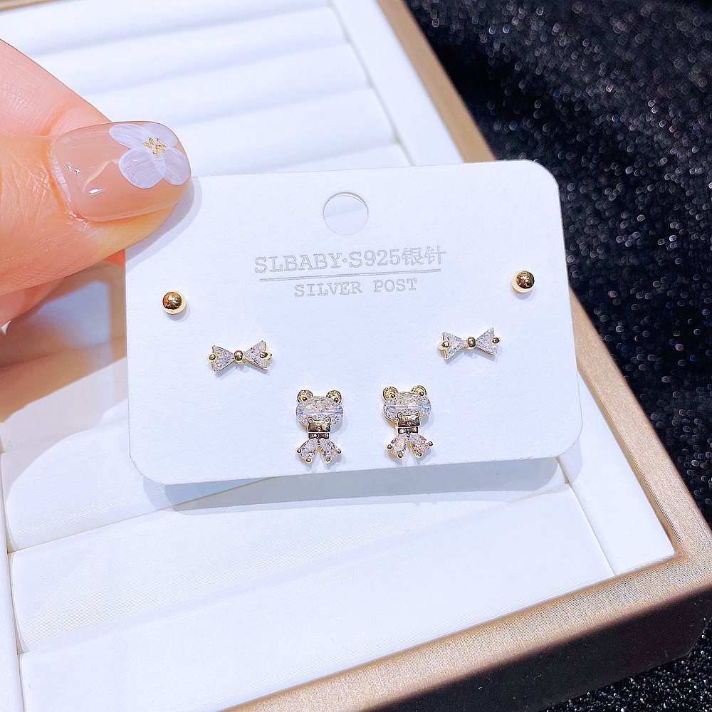 Simple Style Bear Copper Ear Studs Bowknot Zircon Copper Earrings 6 Pieces display picture 1