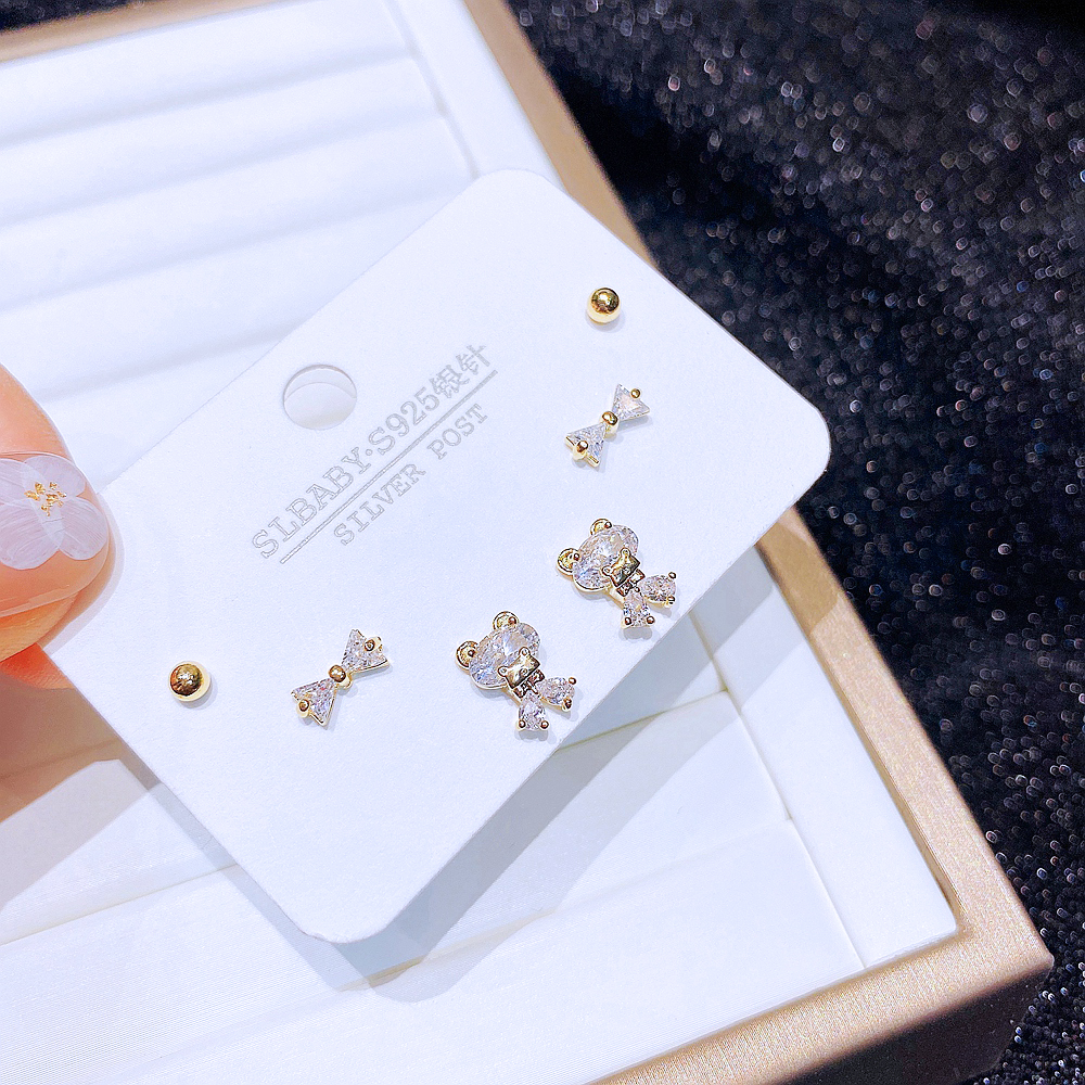Simple Style Bear Copper Ear Studs Bowknot Zircon Copper Earrings 6 Pieces display picture 2