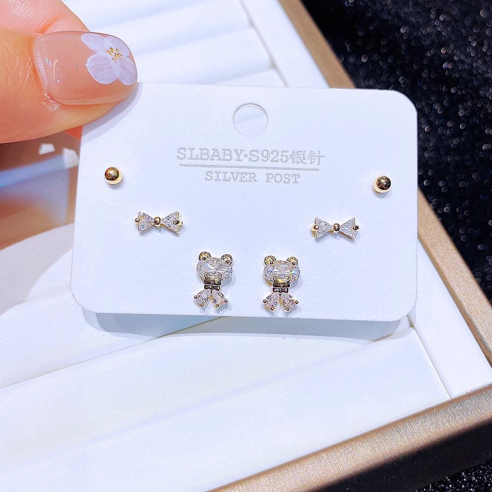 Simple Style Bear Copper Ear Studs Bowknot Zircon Copper Earrings 6 Pieces display picture 3