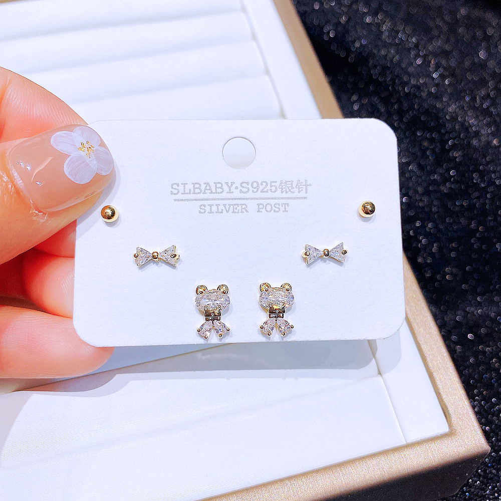 Simple Style Bear Copper Ear Studs Bowknot Zircon Copper Earrings 6 Pieces display picture 5