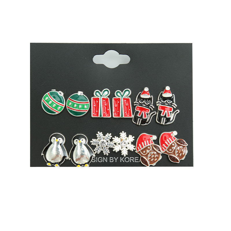 Cute Penguin Gift Box Snowflake Alloy Enamel Plating Inlay Rhinestones Ear Studs 1 Set display picture 3