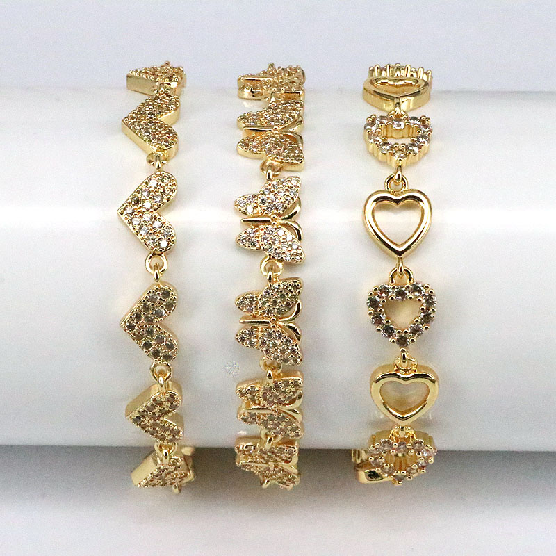 Simple Style Heart Shape Butterfly Copper Bracelets Inlay Zircon Copper Bracelets 1 Piece display picture 1