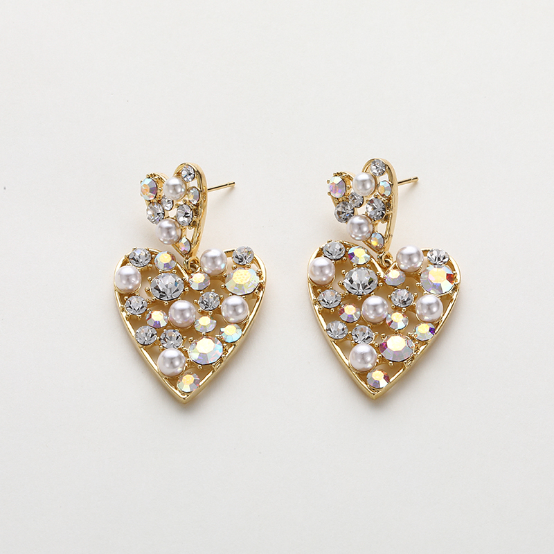 Fashion Heart Shape Copper Artificial Rhinestones Artificial Pearls Drop Earrings 1 Pair display picture 2