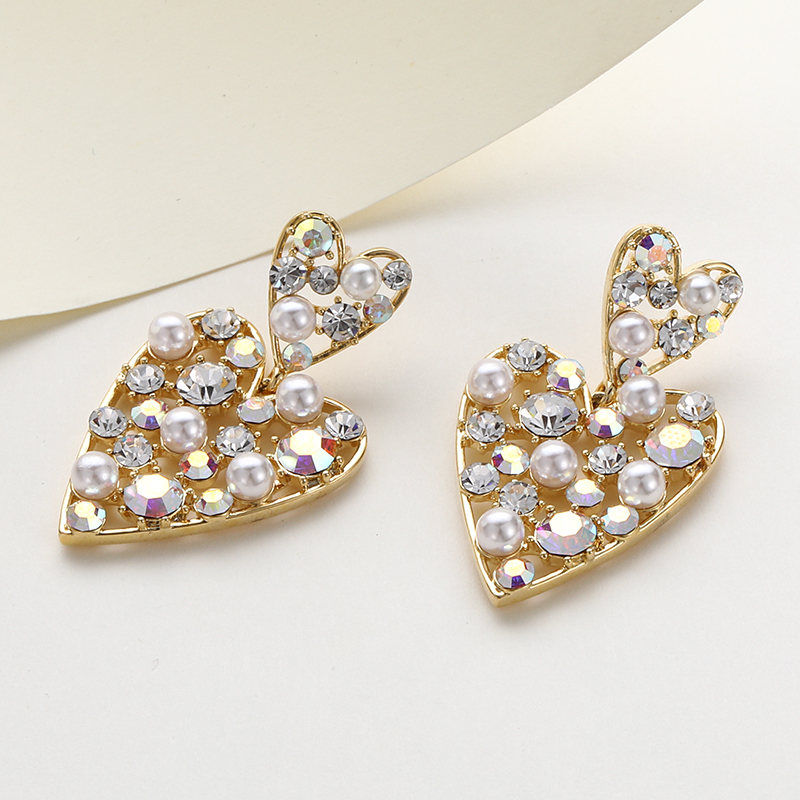 Fashion Heart Shape Copper Artificial Rhinestones Artificial Pearls Drop Earrings 1 Pair display picture 3