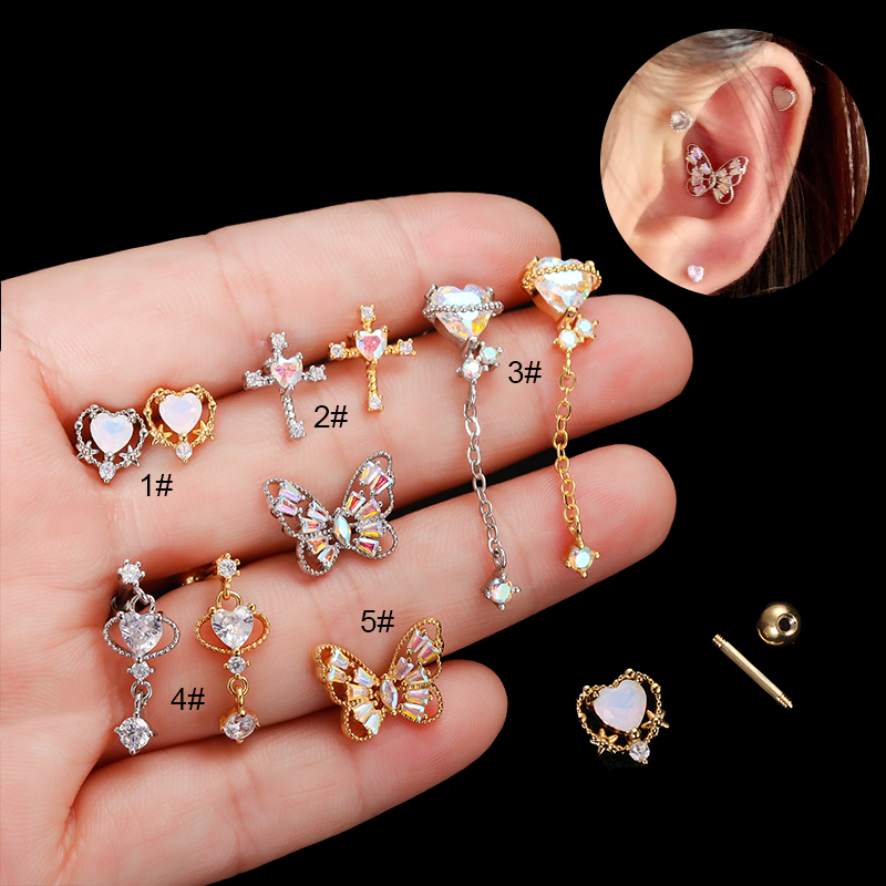 Fashion Heart Shape Butterfly Stainless Steel Inlay Zircon Ear Studs 1 Piece display picture 4