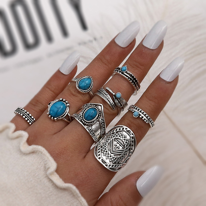 Vintage Style Water Droplets Alloy Inlay Turquoise Women's Rings 8-piece Set display picture 1