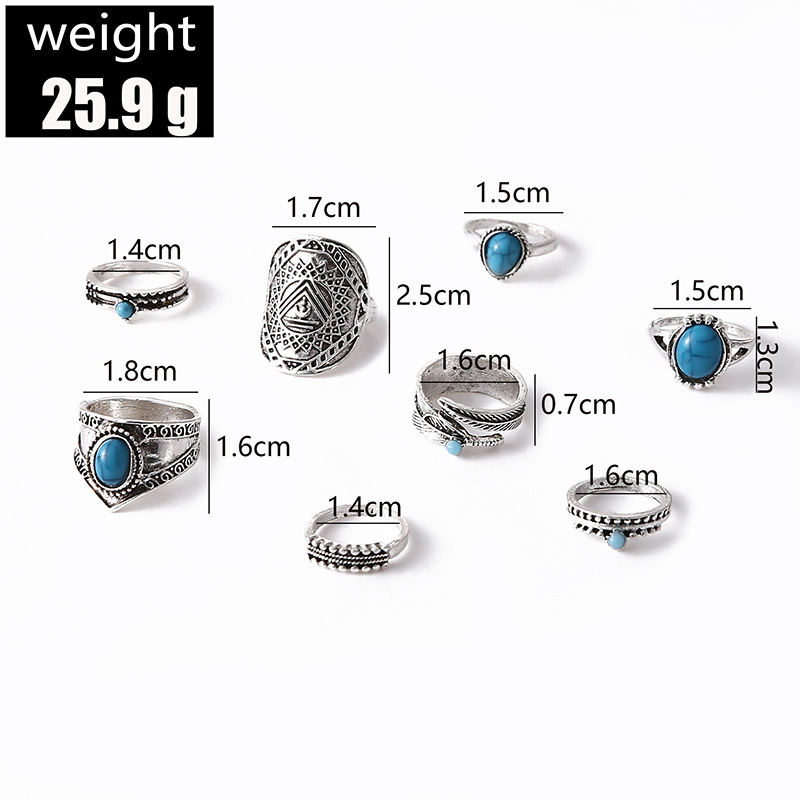 Vintage Style Water Droplets Alloy Inlay Turquoise Women's Rings 8-piece Set display picture 2