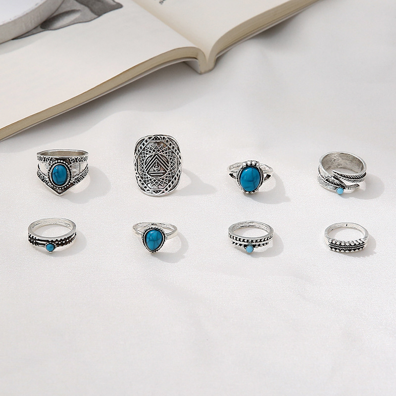 Vintage Style Water Droplets Alloy Inlay Turquoise Women's Rings 8-piece Set display picture 3