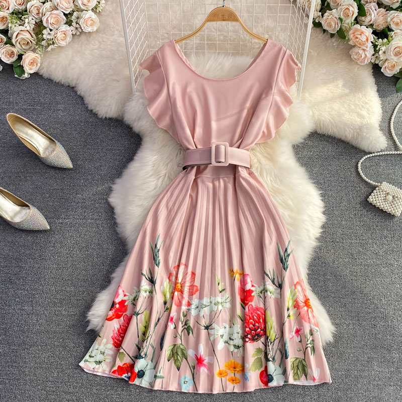Elegant Floral U Neck Short Sleeve Pleated Polyester Dresses Midi Dress Pleated Skirt display picture 4