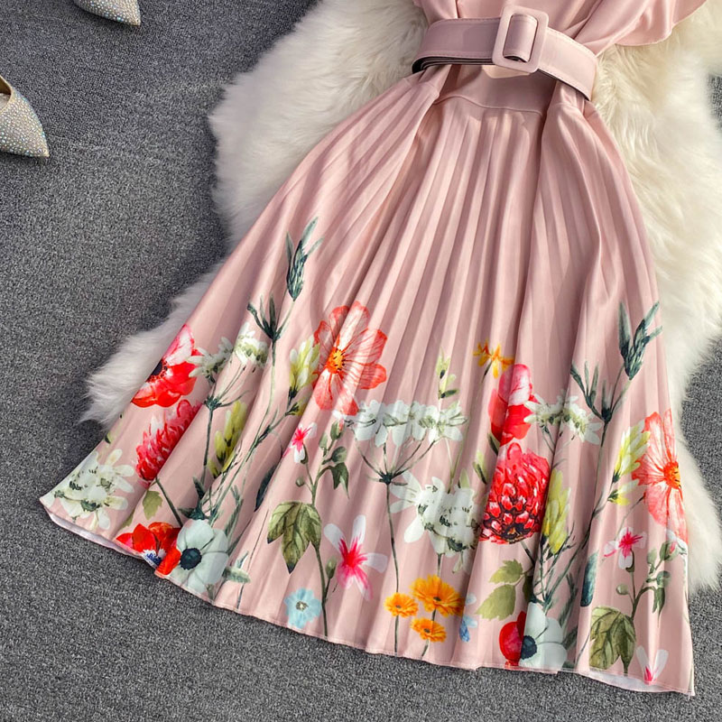 Elegant Floral U Neck Short Sleeve Pleated Polyester Dresses Midi Dress Pleated Skirt display picture 6