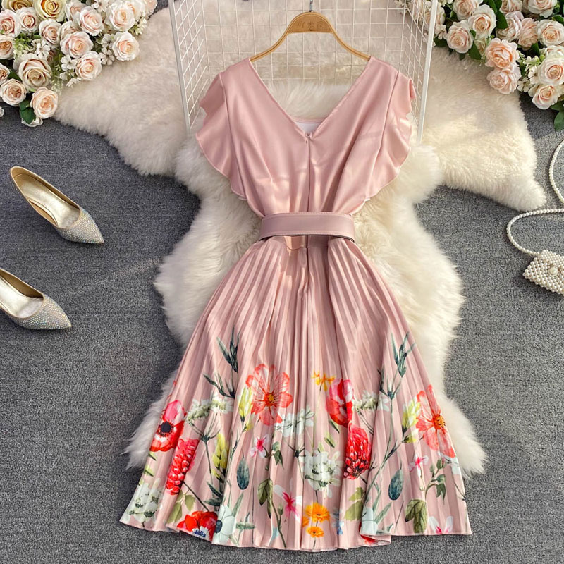 Elegant Floral U Neck Short Sleeve Pleated Polyester Dresses Midi Dress Pleated Skirt display picture 3