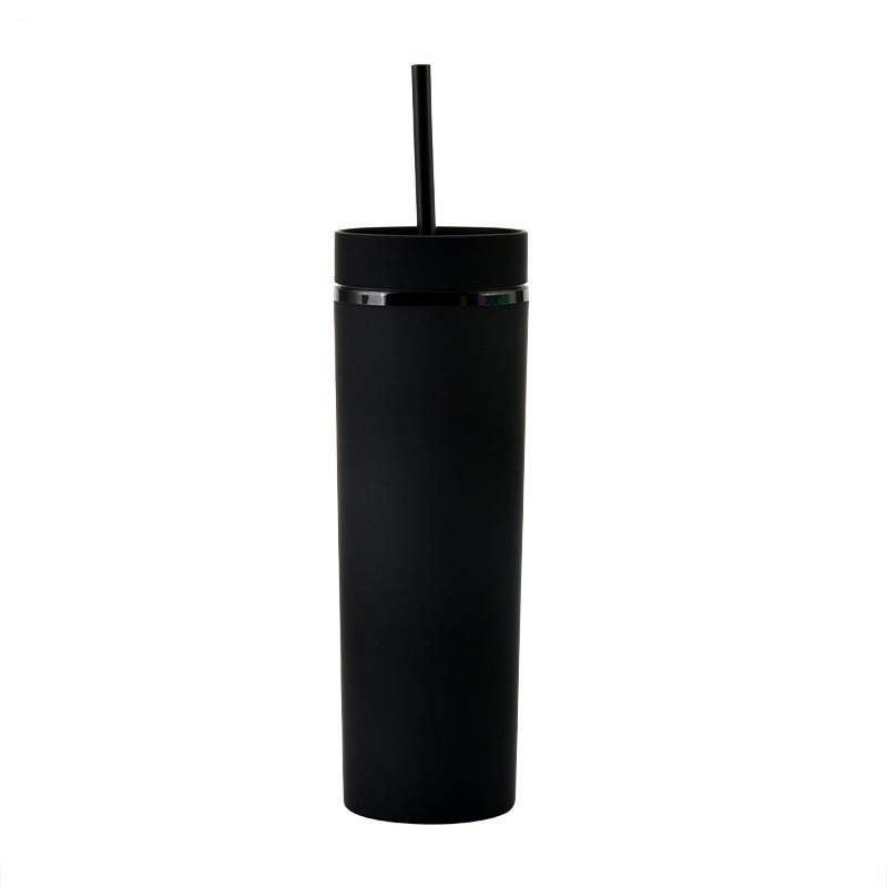 Cross-border  Spot Skinny Double-layer Plastic Cup Frosted Rubber Paint Cup 16oz Straight Straw Cup display picture 2