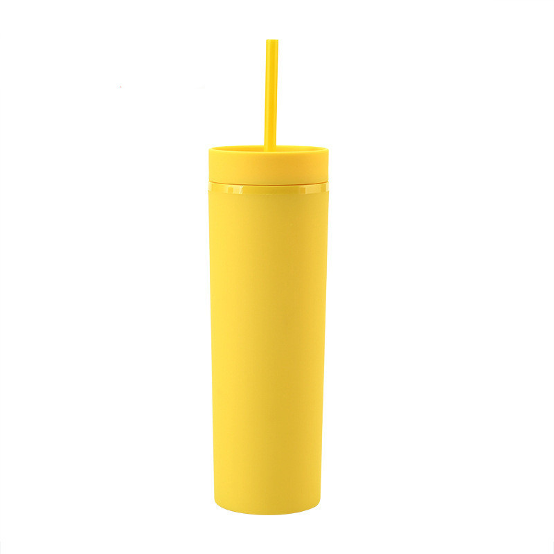 Cross-border  Spot Skinny Double-layer Plastic Cup Frosted Rubber Paint Cup 16oz Straight Straw Cup display picture 3