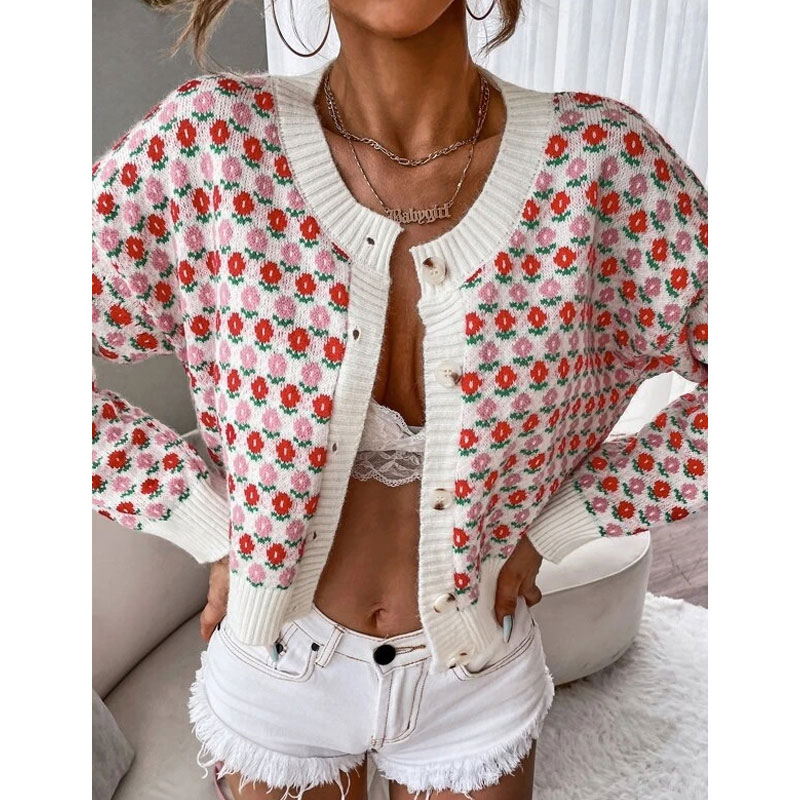 Casual Flower Acrylic V Neck Long Sleeve Regular Sleeve Button Cardigan display picture 5