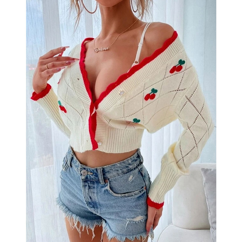 Classic Style Cherry Acrylic Scalloped Neckline Long Sleeve Regular Sleeve Button Cardigan display picture 4