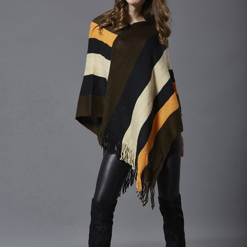 Fashion Color Block Knit Long Sleeve Tassel Shawl display picture 4