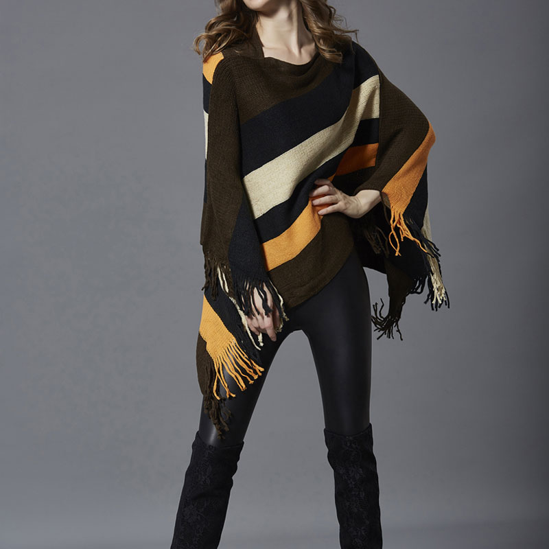 Fashion Color Block Knit Long Sleeve Tassel Shawl display picture 3
