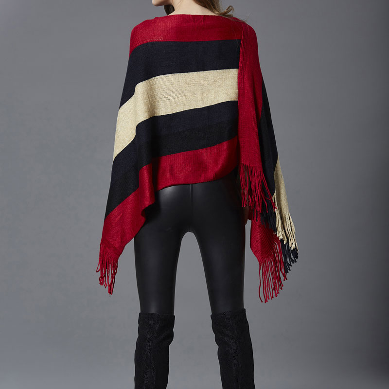 Fashion Color Block Knit Long Sleeve Tassel Shawl display picture 9