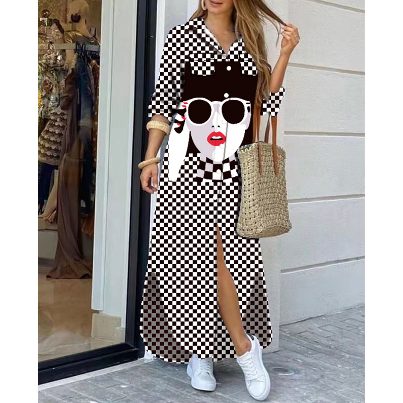 Fashion Printing Turndown Long Sleeve Button Polyester Dresses Midi Dress Straight Skirt display picture 7
