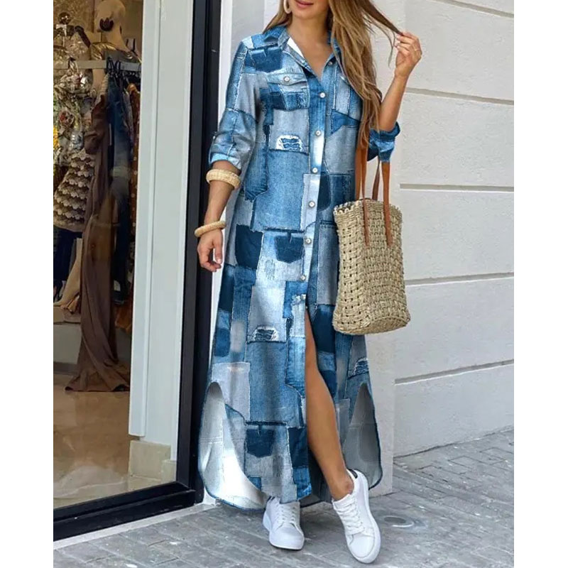 Fashion Printing Turndown Long Sleeve Button Polyester Dresses Midi Dress Straight Skirt display picture 4