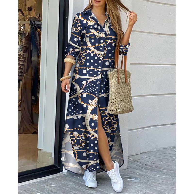 Fashion Printing Turndown Long Sleeve Button Polyester Dresses Midi Dress Straight Skirt display picture 6