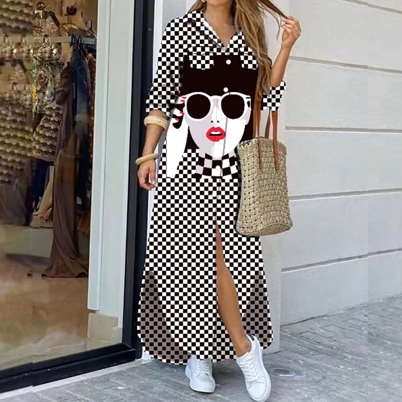 Women's Shirt Dress Fashion Turndown Printing Long Sleeve Color Block Maxi Long Dress Daily display picture 5