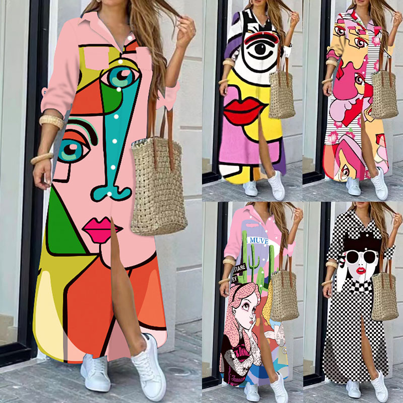 Women's Shirt Dress Fashion Turndown Printing Long Sleeve Color Block Maxi Long Dress Daily display picture 6