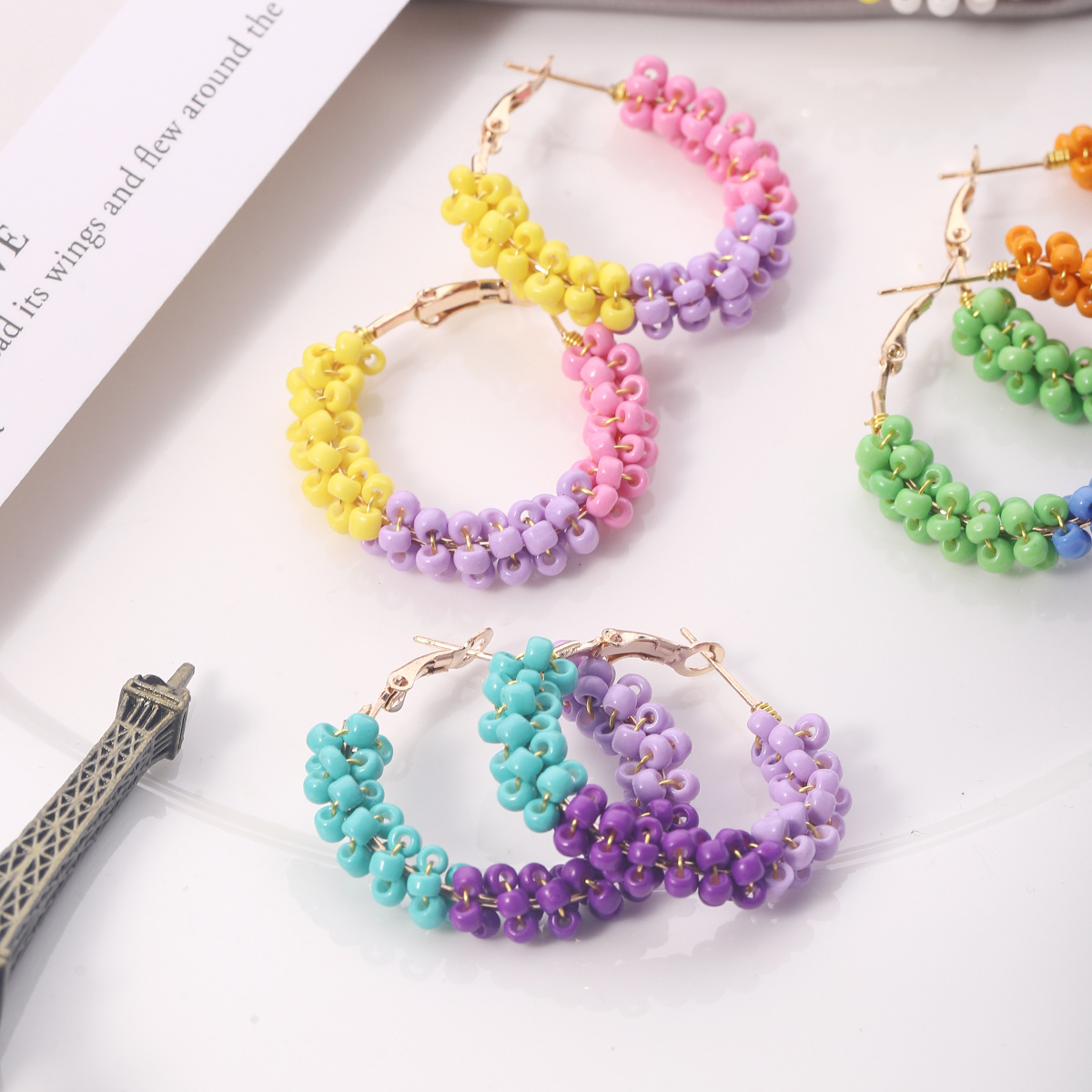 1 Pair Vacation Circle Beaded Braid Synthetic Resin Alloy Hoop Earrings display picture 5