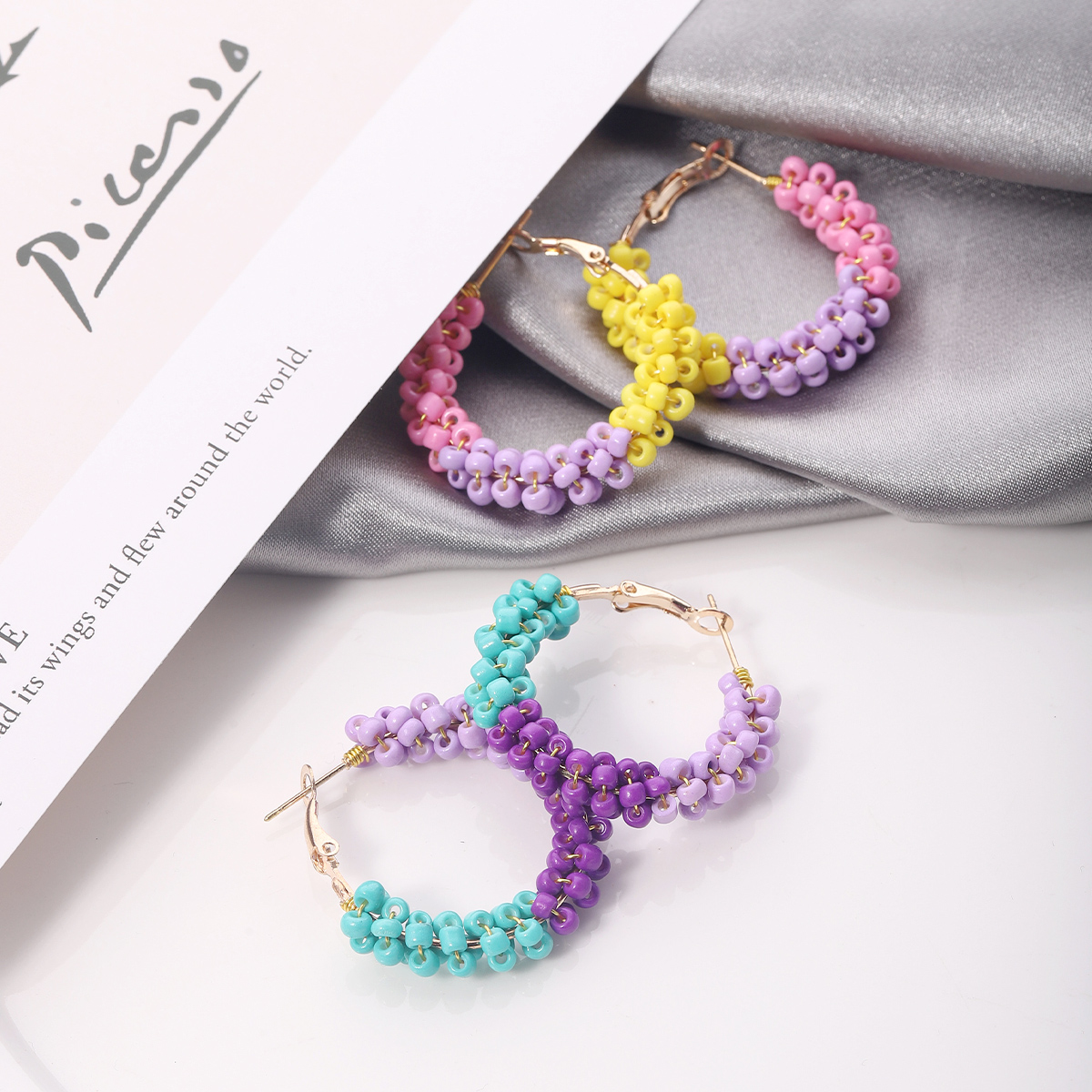 1 Pair Vacation Circle Beaded Braid Synthetic Resin Alloy Hoop Earrings display picture 6