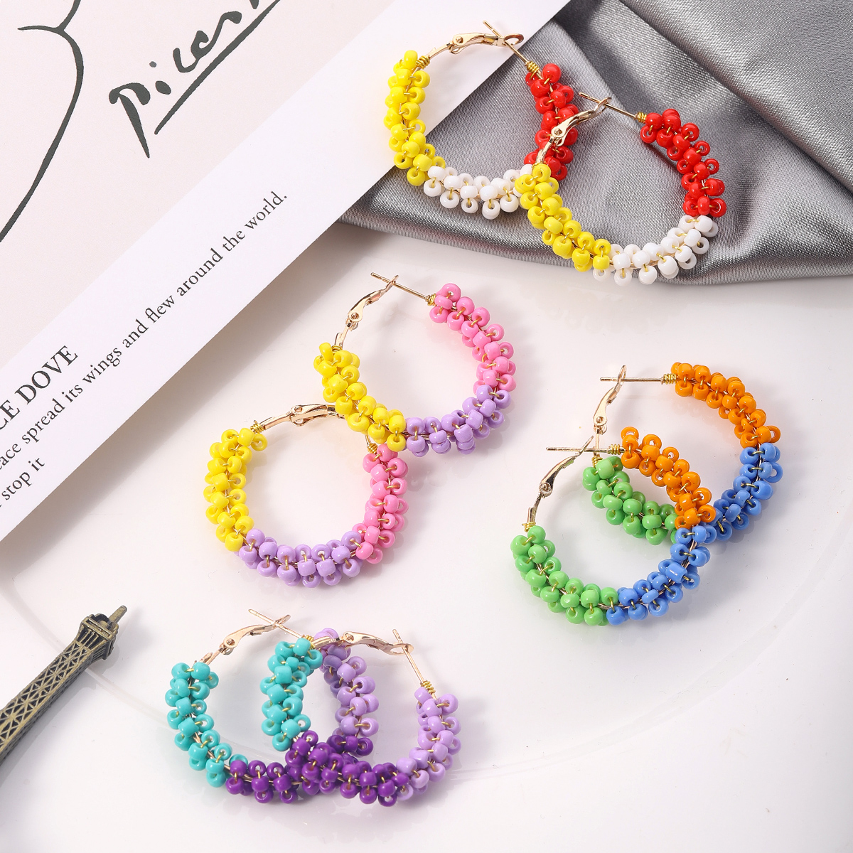 1 Pair Vacation Circle Beaded Braid Synthetic Resin Alloy Hoop Earrings display picture 8