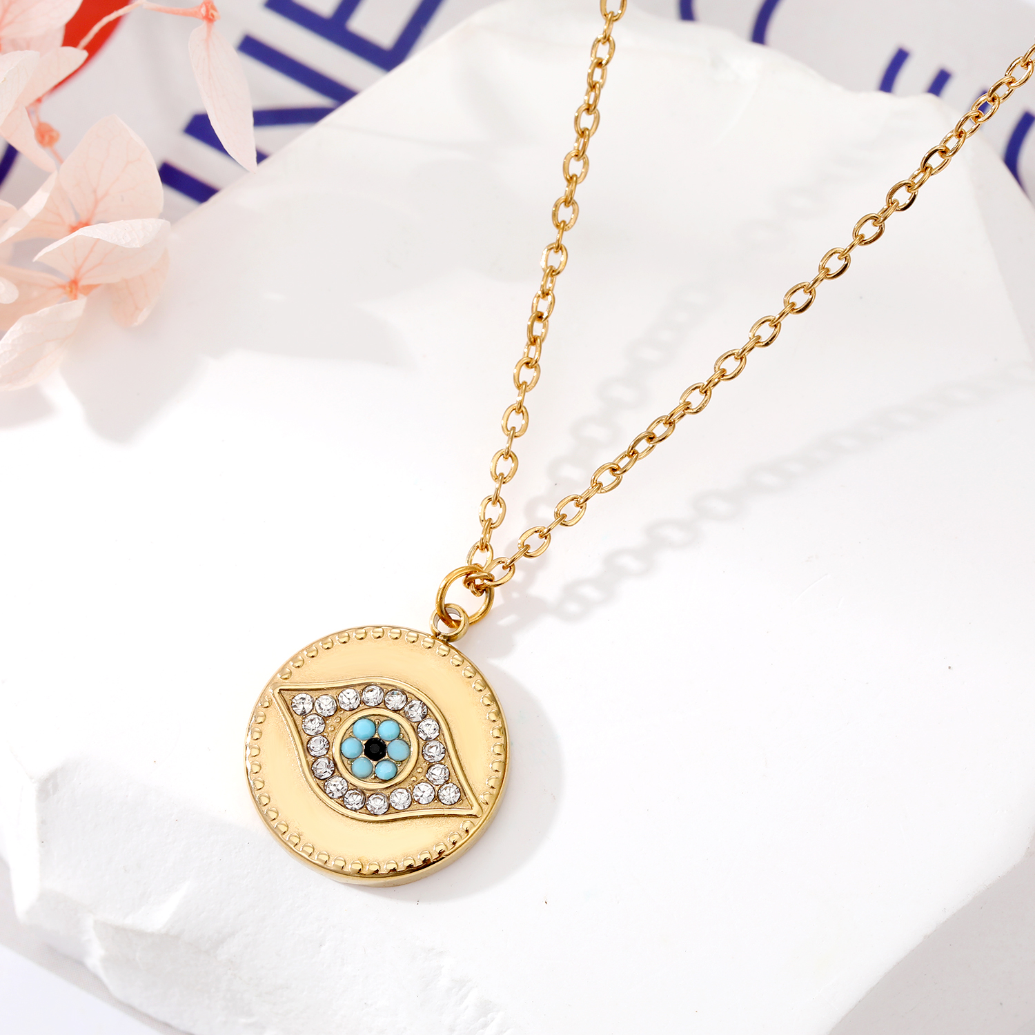 Wholesale Ethnic Style Devil's Eye Hand Of Fatima Heart Shape Stainless Steel Turquoise Rhinestones Pendant Necklace display picture 8