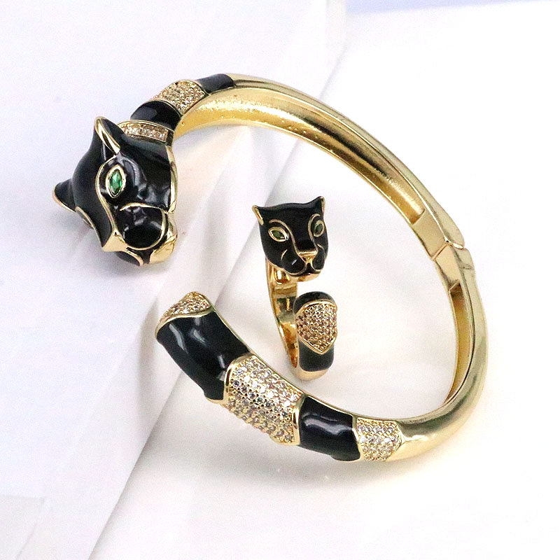 Hip-hop Animal Leopard Copper Enamel Gold Plated Zircon Women's Rings Bangle 1 Piece display picture 2