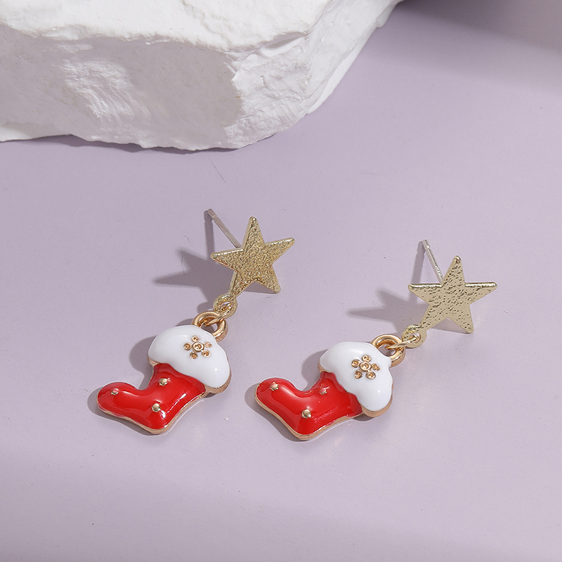 1 Pair Cute Christmas Socks Bell Snowman Inlay Alloy Rhinestones Drop Earrings display picture 13