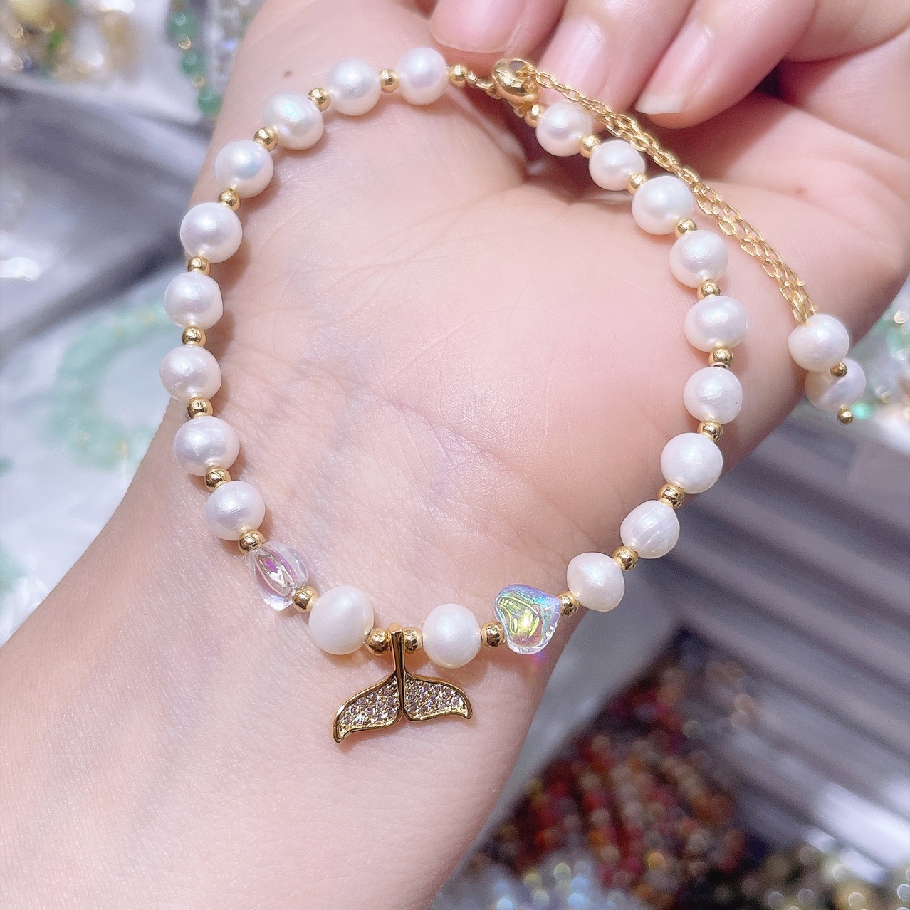 Simple Style Four Leaf Clover Bee Imitation Pearl Alloy Beaded Rhinestones Bracelets 1 Piece display picture 3