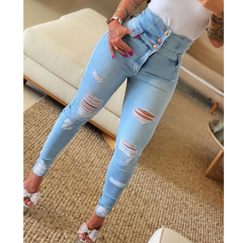Fashion Solid Color Denim Cotton Full Length Ripped Button Jeans display picture 3