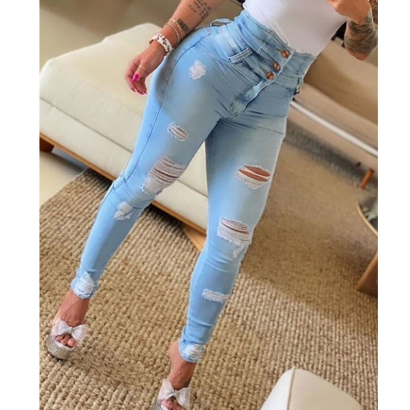 Fashion Solid Color Denim Cotton Full Length Ripped Button Jeans display picture 4