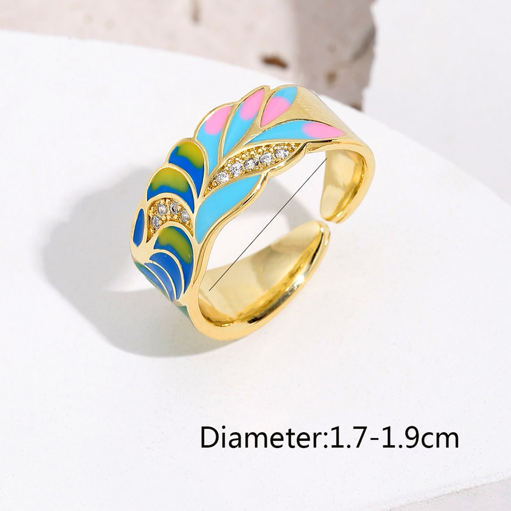 Fashion Leaf Gradient Color Copper Enamel Gold Plated Zircon Open Ring 1 Piece display picture 1