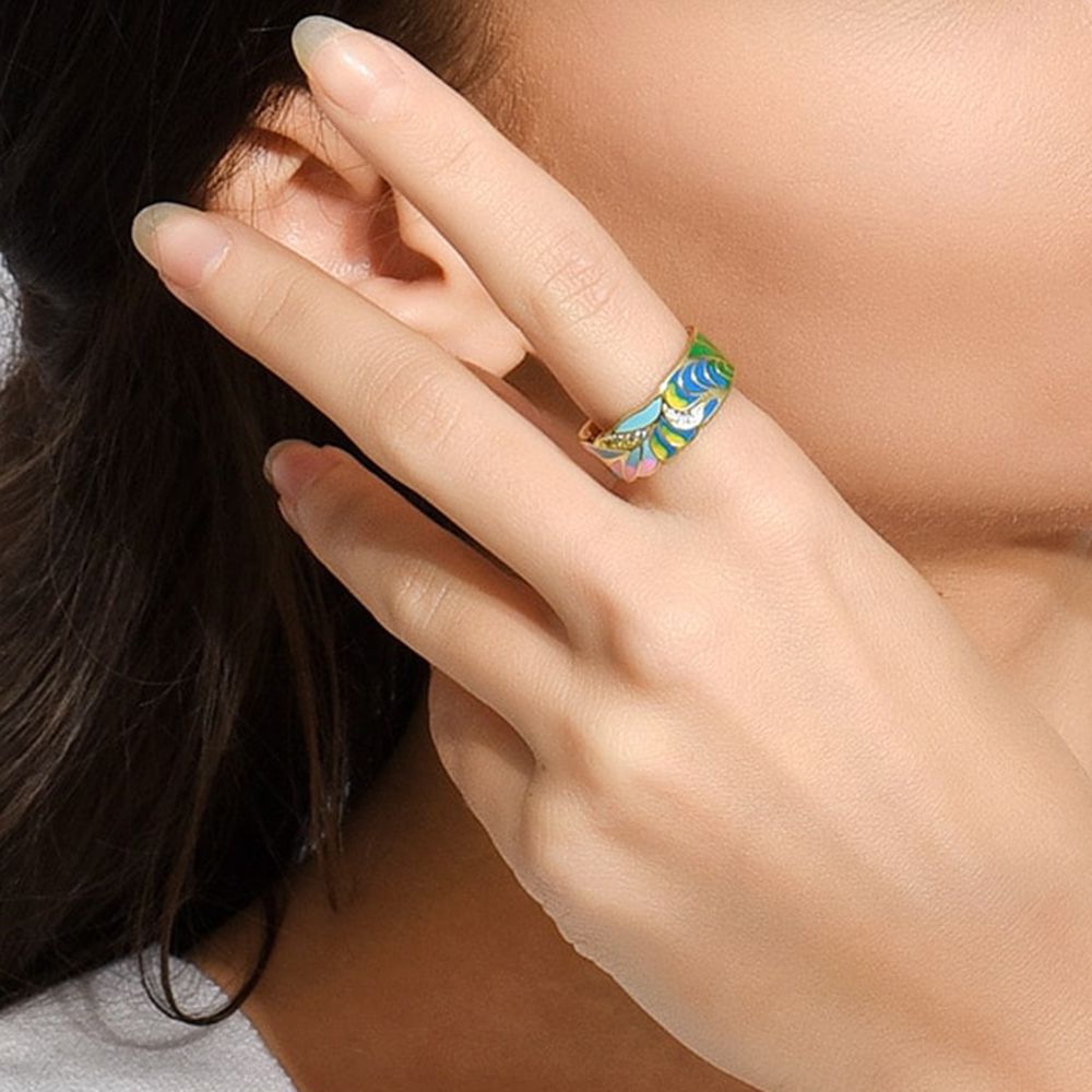 Fashion Leaf Gradient Color Copper Enamel Gold Plated Zircon Open Ring 1 Piece display picture 3