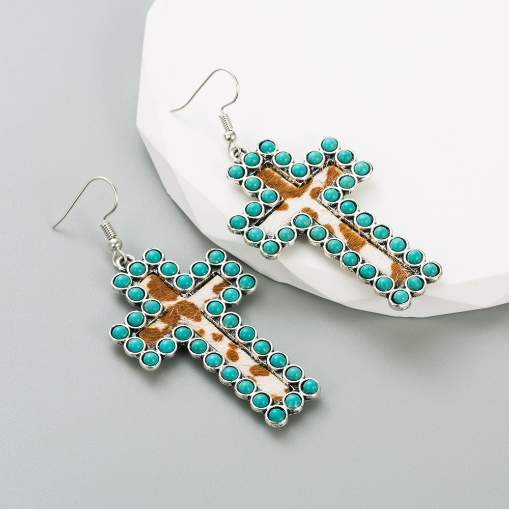 Retro Cross Leopard Alloy Inlay Turquoise Women's Ear Hook 1 Pair display picture 2