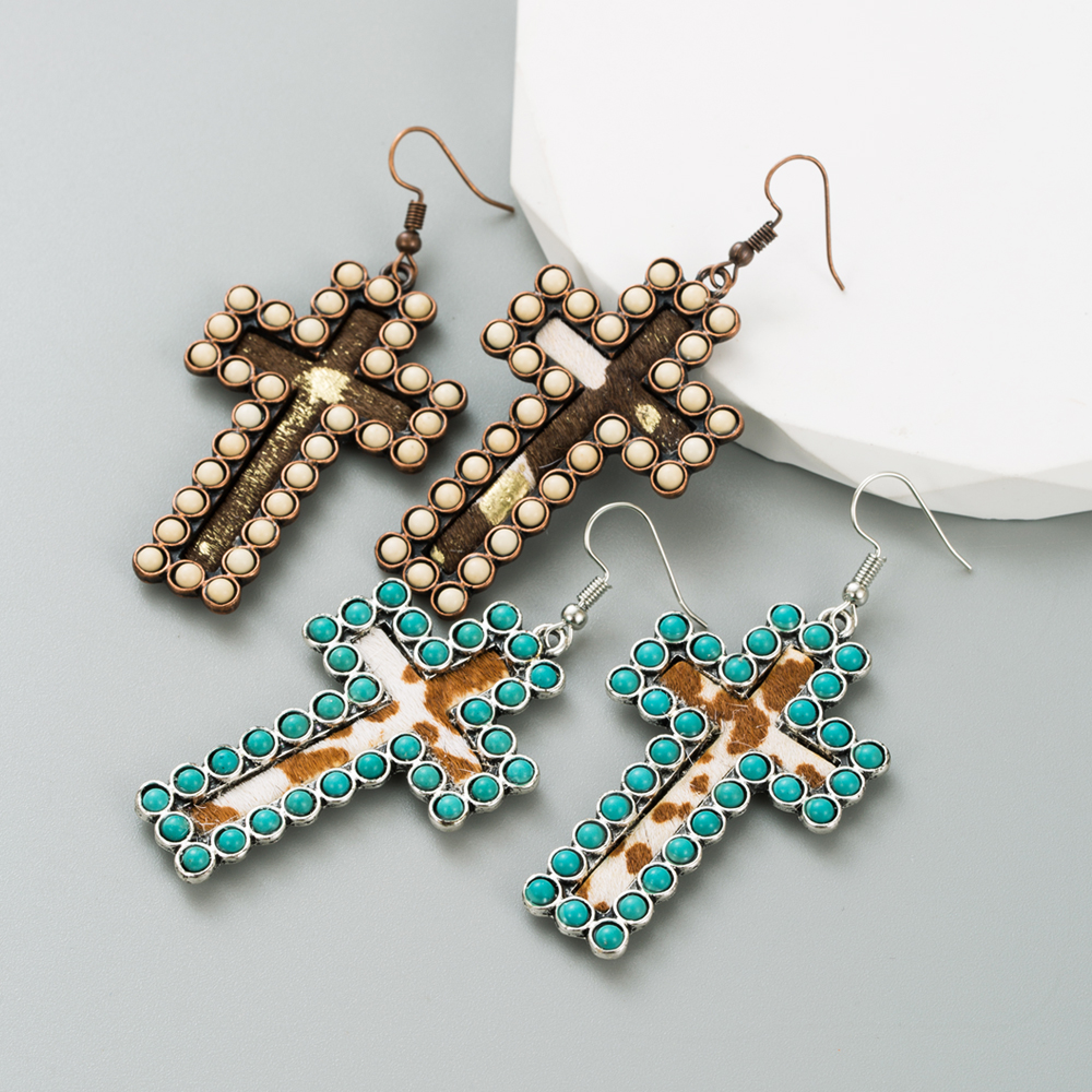 Retro Cross Leopard Alloy Inlay Turquoise Women's Ear Hook 1 Pair display picture 6