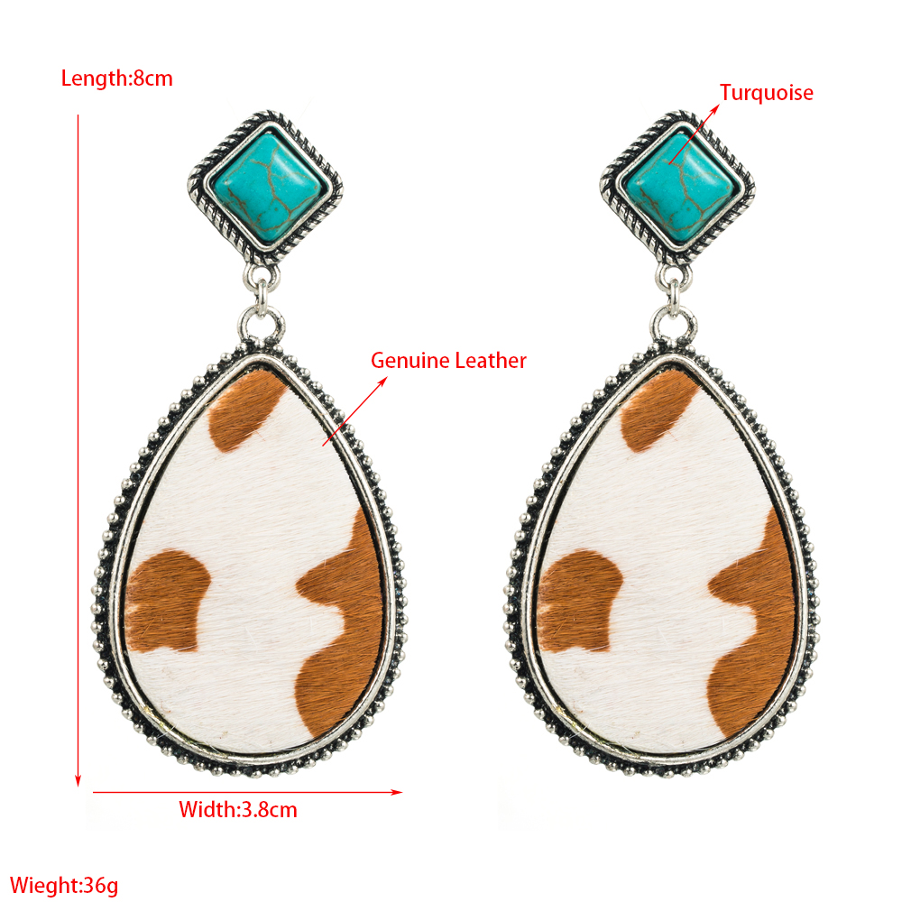 Retro Cow Pattern Water Droplets Leopard Pu Leather Alloy Inlay Turquoise Women's Drop Earrings 1 Pair display picture 1