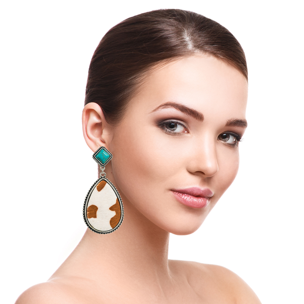 Retro Cow Pattern Water Droplets Leopard Pu Leather Alloy Inlay Turquoise Women's Drop Earrings 1 Pair display picture 7