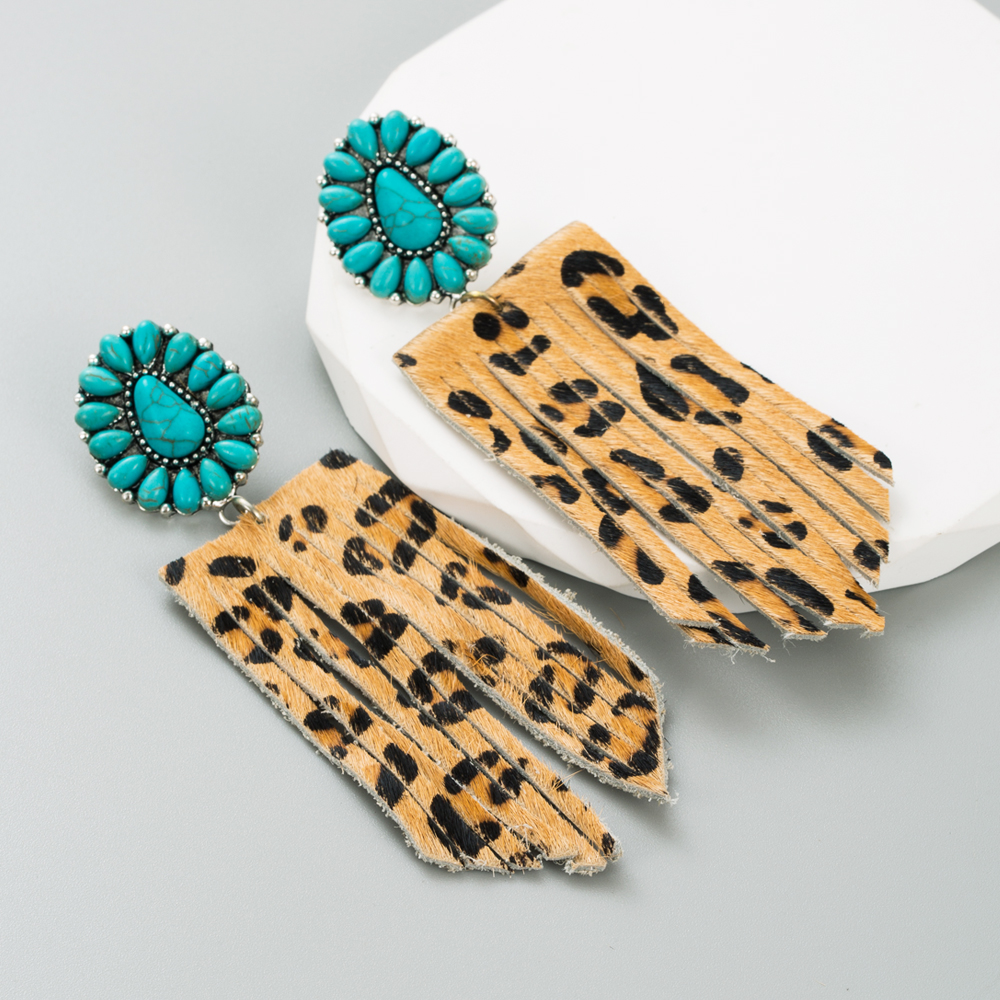 1 Pair Elegant Retro Leopard Inlay Pu Leather Alloy Turquoise Drop Earrings display picture 6